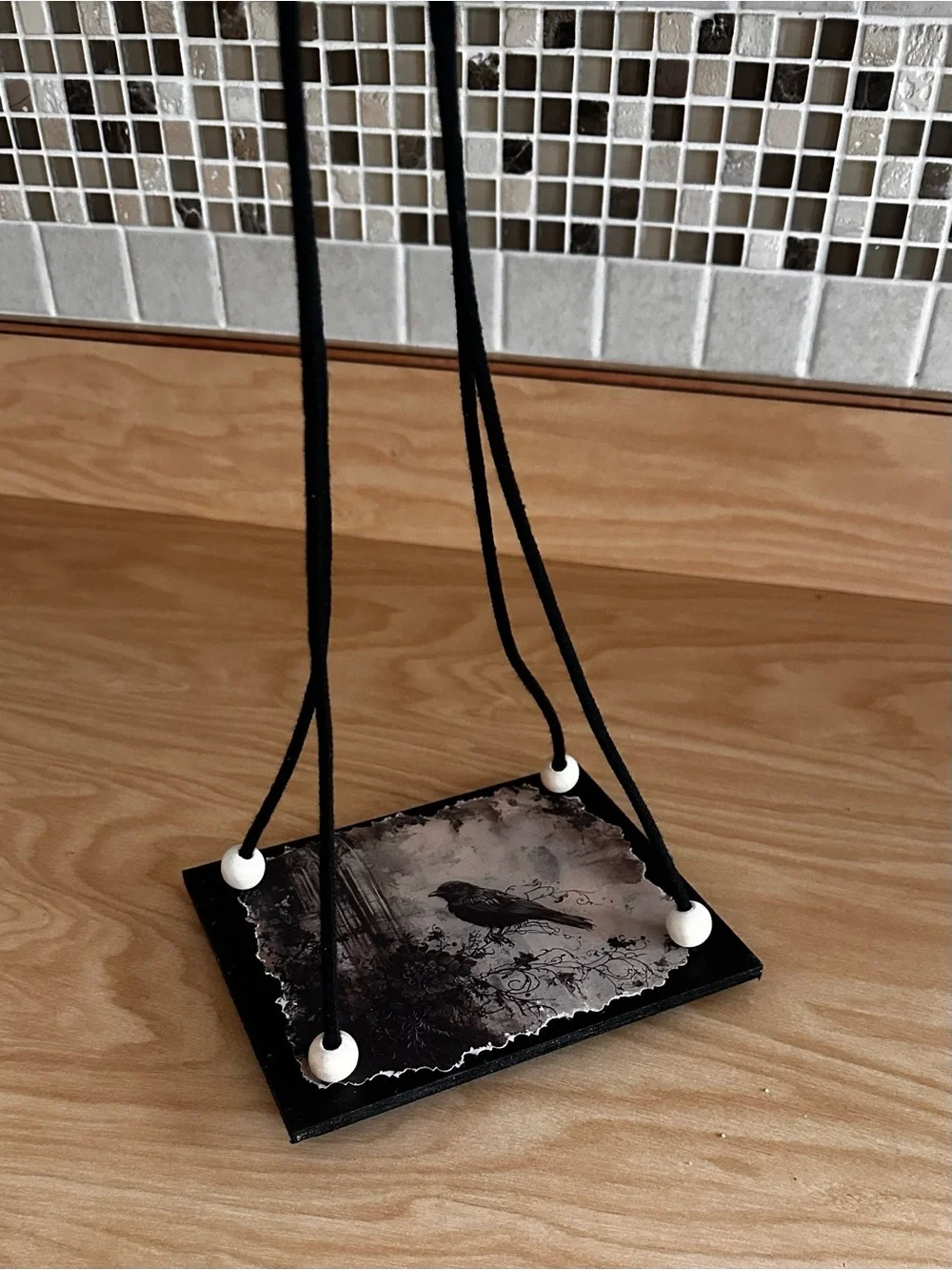 Hand Crafted Black and White Gothic Raven Wall Display hanging floating Shelf